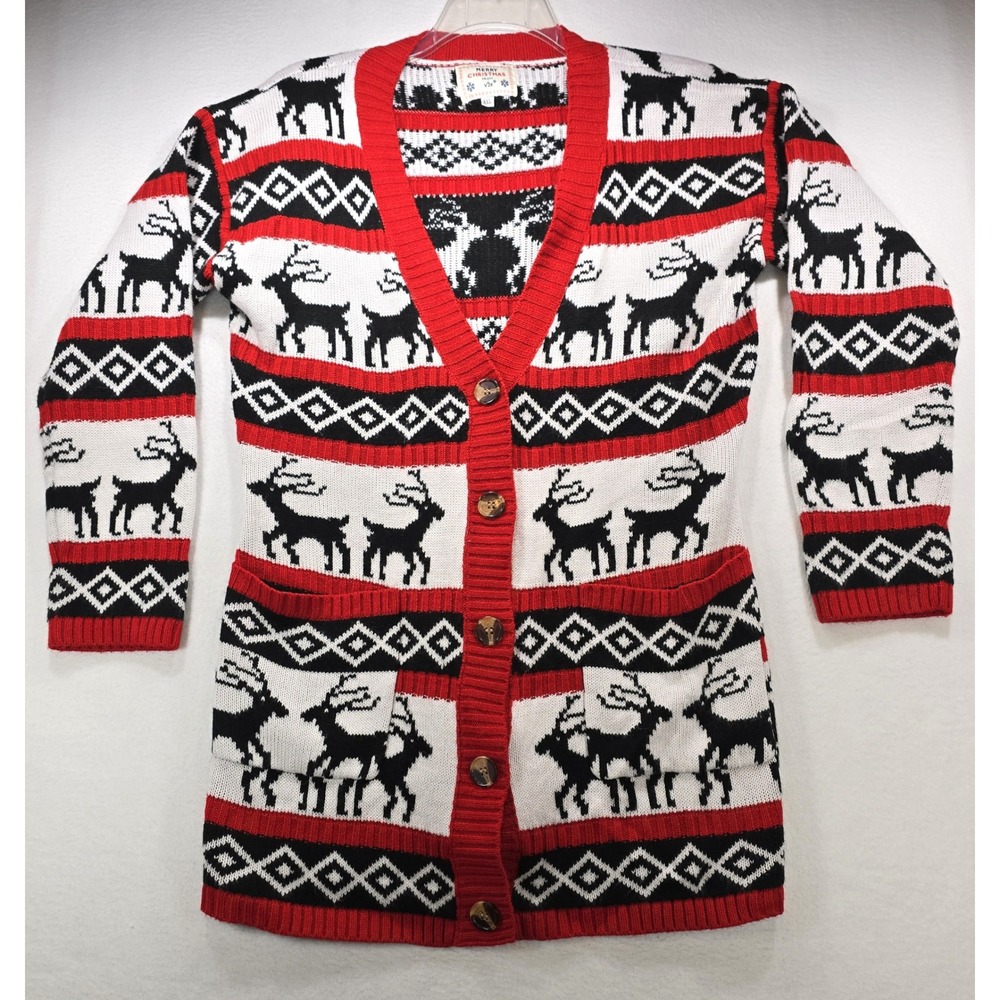 V28 Christmas Reindeer Cardigan Sweater Womens XXL Red White Black Fair Isle